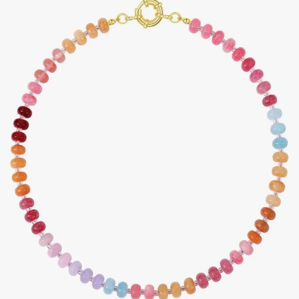 Multicolor Gemstone Beaded Necklace with Gold-Tone Clasp - Pink Blue Orange new